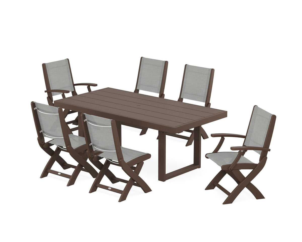 POLYWOOD Coastal Folding Chair 7-Piece Dining Set with Trestle Legs with EDGE 40" x 78" Dining Table in Mahogany / Metallic