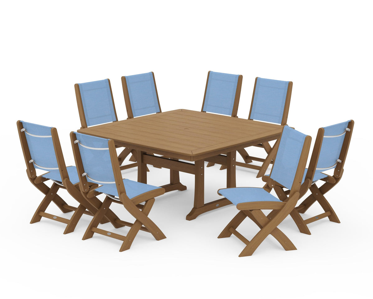 POLYWOOD Coastal Folding Side Chair 9-Piece Dining Set with Trestle Legs in Natural / Poolside
