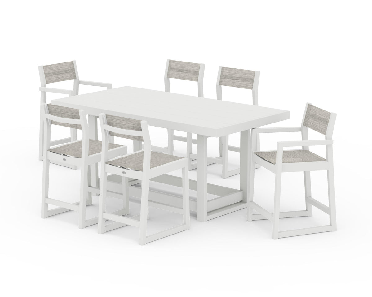 POLYWOOD EDGE Sling 7-Piece Counter Table Set in Vintage White / Birch