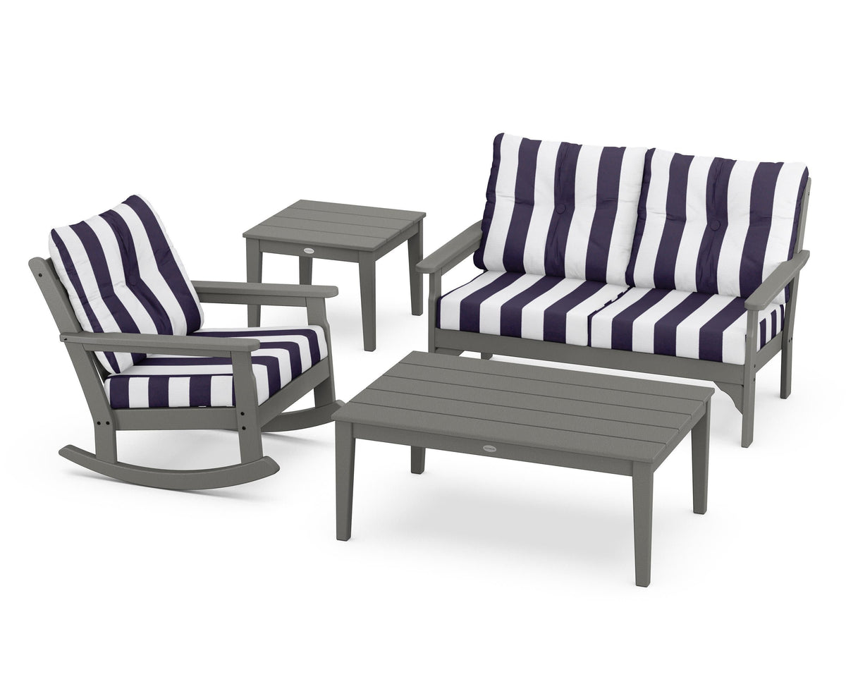 POLYWOOD Vineyard 4-Piece Deep Seating Rocker Set in Slate Grey / Cabana Stripe Navy