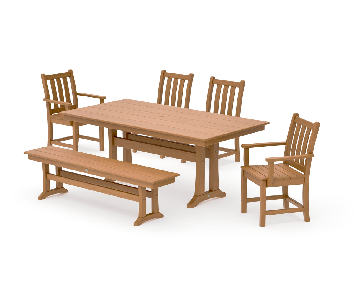 POLYWOOD Traditional Garden 6-Piece Farmhouse Dining Set with Trestle Legs and Bench in Natural
