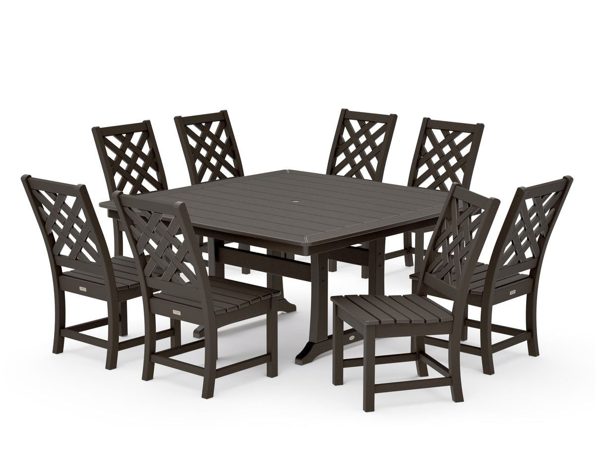 POLYWOOD Wovendale Side Chair 9-Piece Square Dining Set with Trestle Legs in Vintage Coffee