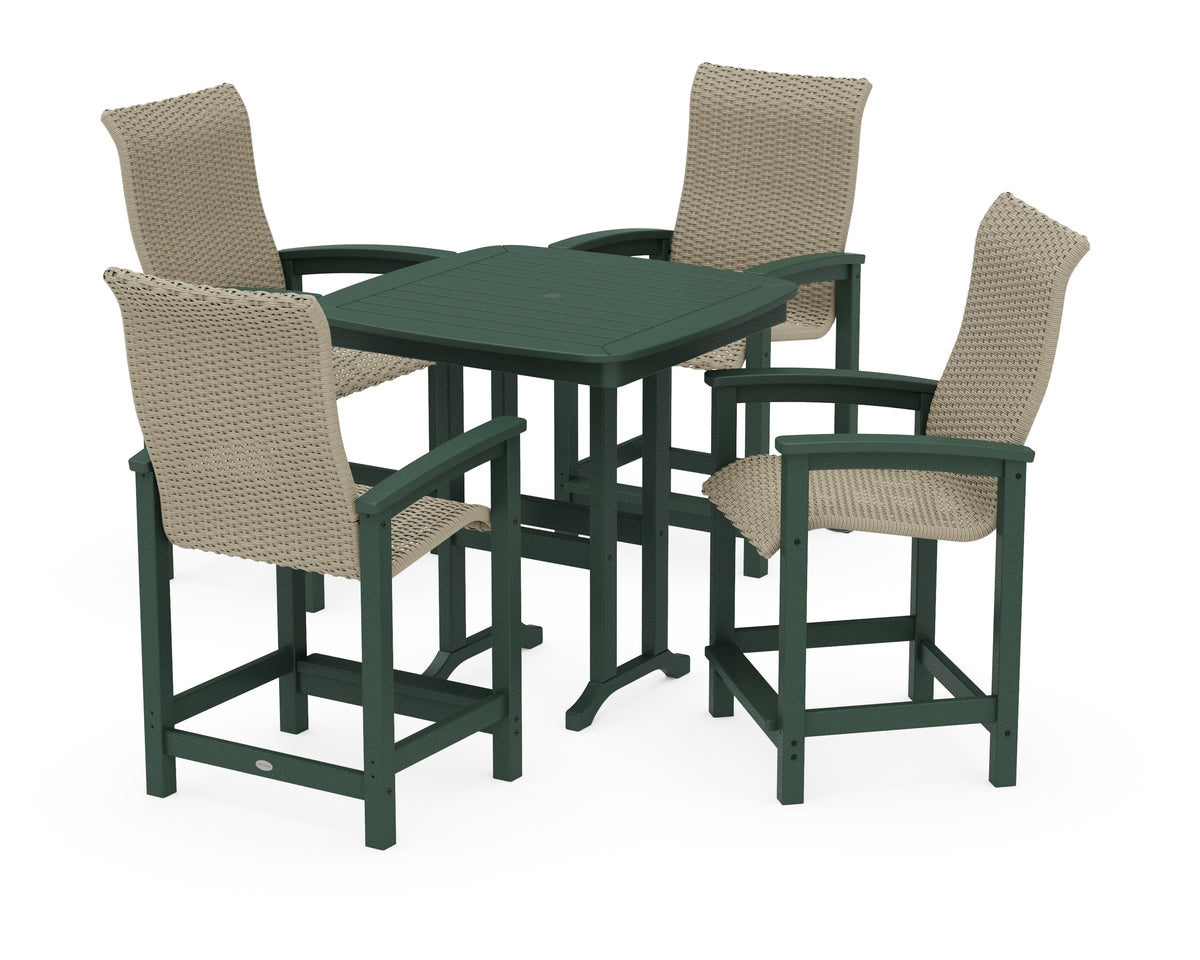 POLYWOOD Coastal Woven High-Back 5-Piece Counter Set in Green / Dune Grass