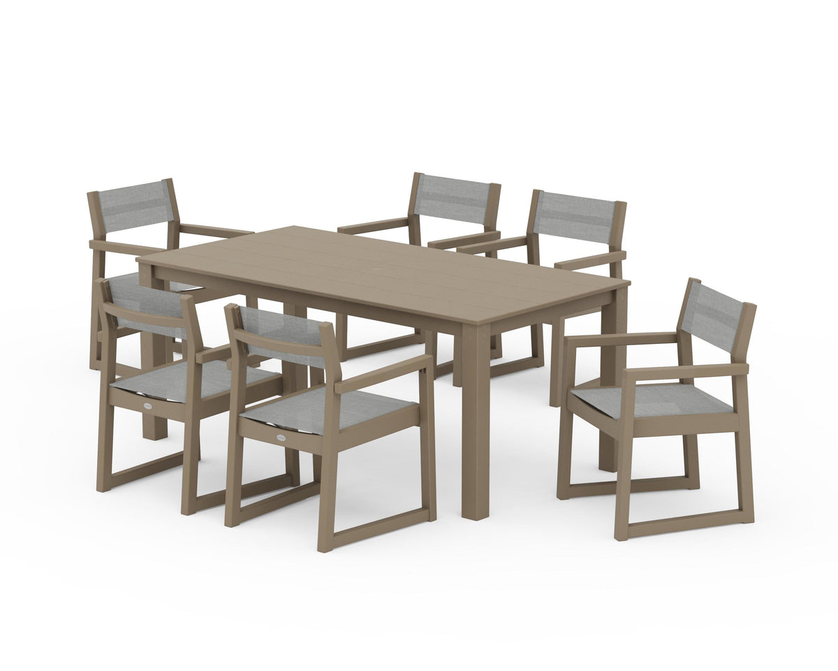 POLYWOOD EDGE Sling Arm Chair 7-Piece Parsons Dining Set in Vintage Sahara / Metallic