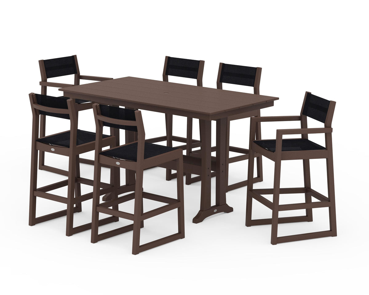 POLYWOOD EDGE Sling 7-Piece Farmhouse Bar Set with Trestle Legs in Mahogany / Black