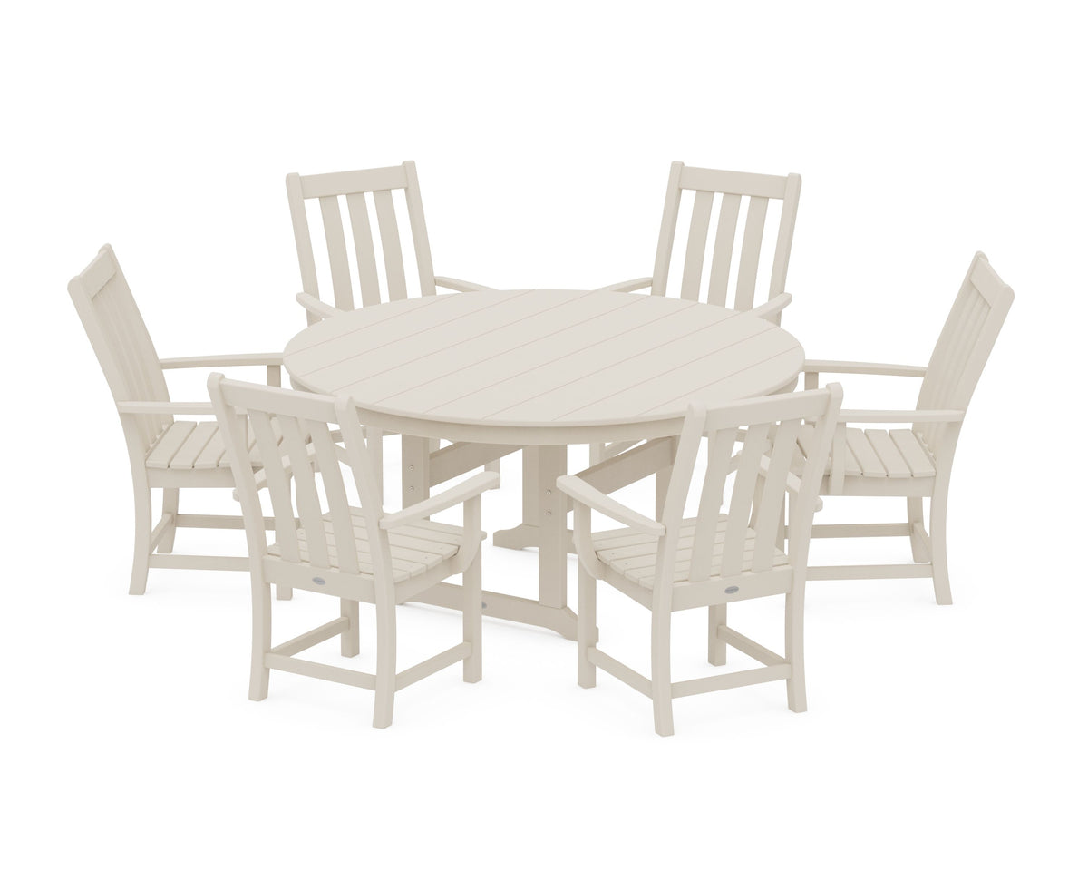 POLYWOOD Vineyard 7-Piece Arm Chair Round Farmhouse Dining Set in Sand