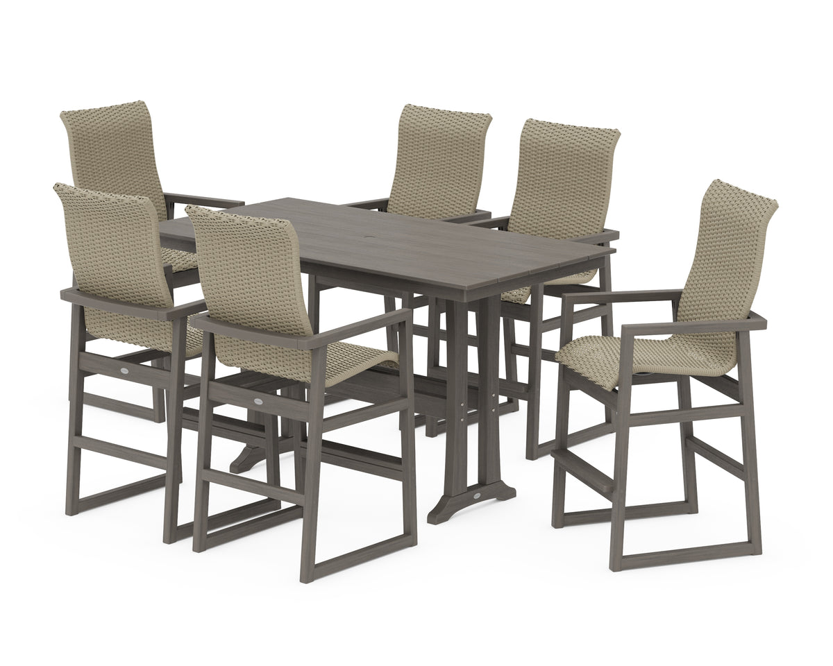 POLYWOOD EDGE Woven Highback Arm Chair 7-Piece Farmhouse Bar Set with Trestle Legs in Driftwood / Dune Grass
