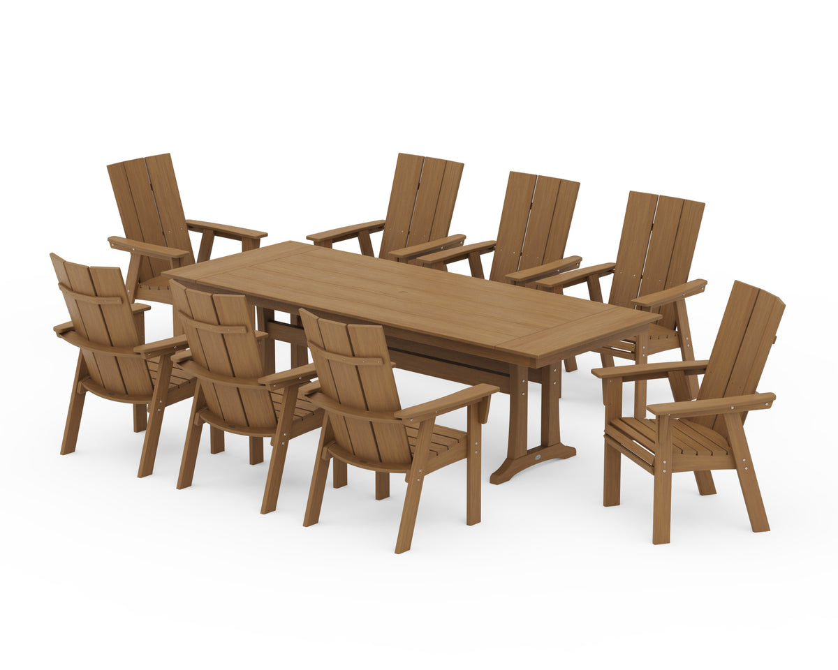 POLYWOOD Modern Curveback Adirondack 9-Piece Farmhouse Dining Set with Trestle Legs in Natural