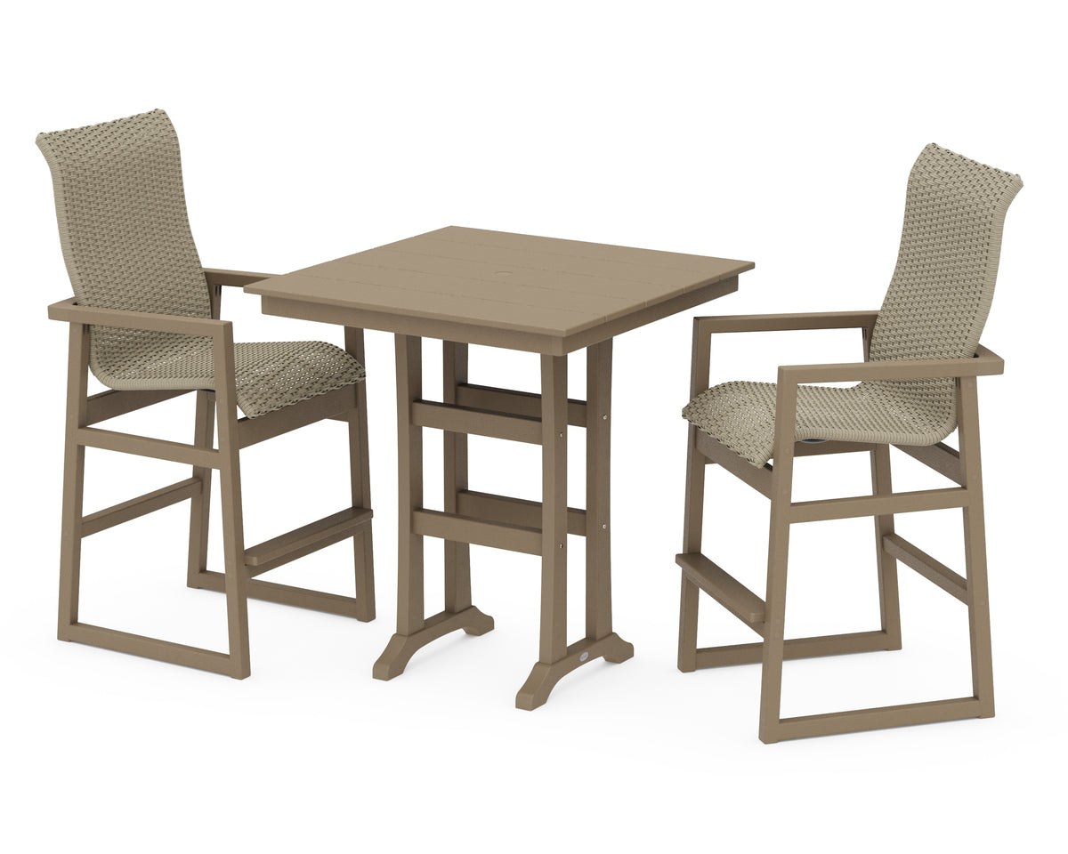 POLYWOOD EDGE Woven Highback 3-Piece Farmhouse Bar Set with Trestle Legs in Vintage Sahara / Dune Grass