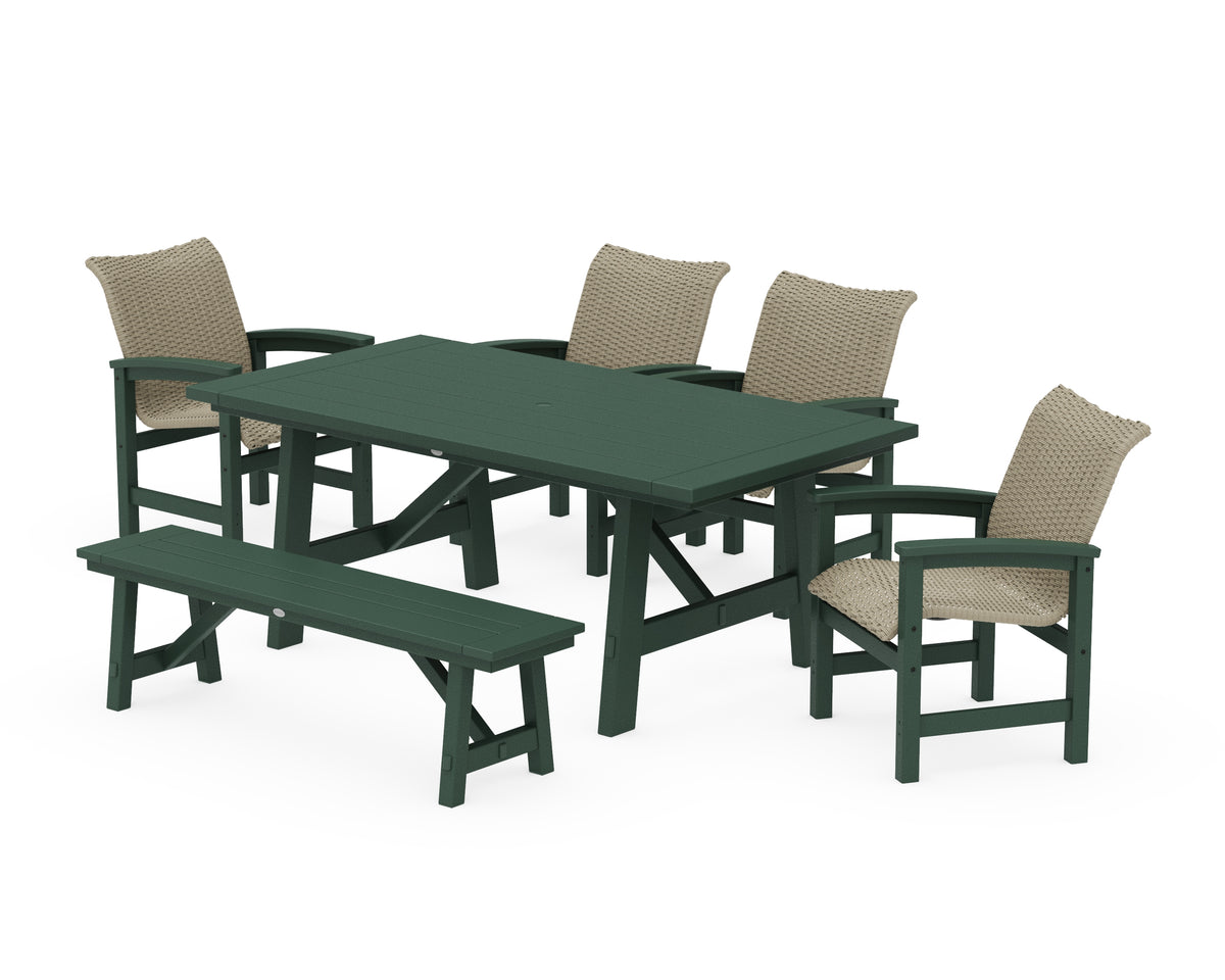 POLYWOOD Coastal Woven 6-Piece Rustic Farmhouse Dining Set with Bench in Green / Dune Grass