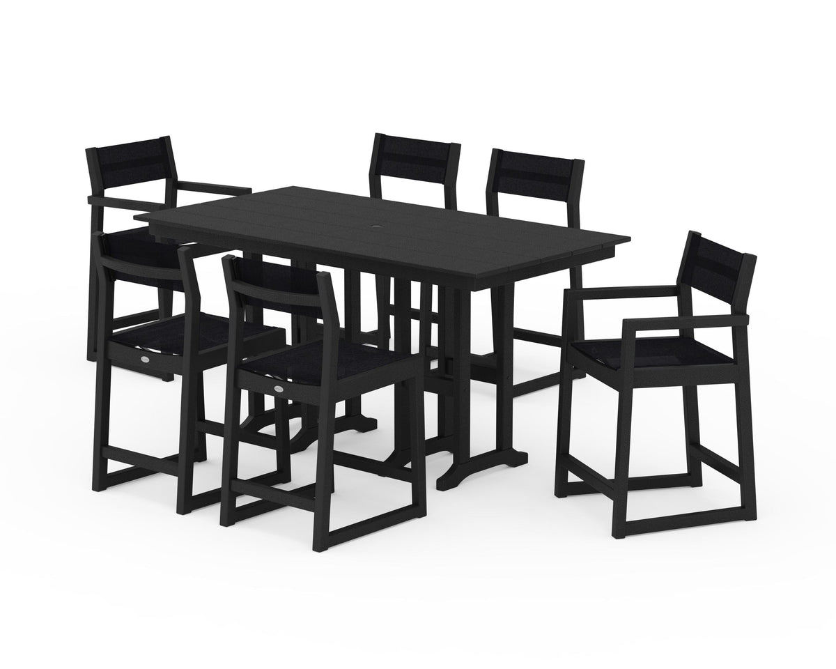 POLYWOOD EDGE Sling 7-Piece Farmhouse Counter Set with Trestle Legs in Black / Black