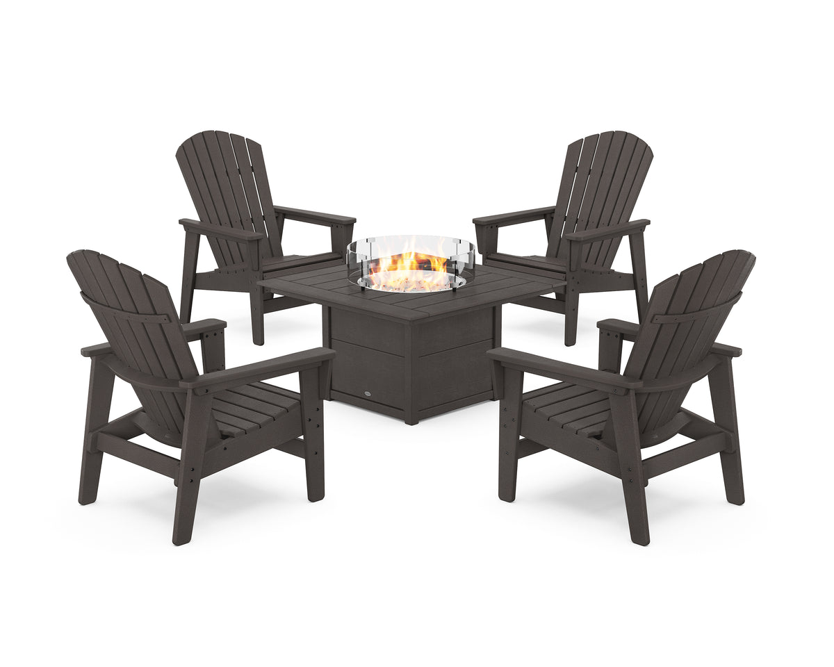POLYWOOD 5-Piece Nautical Grand Upright Adirondack Conversation Set with Fire Pit Table in Vintage Coffee