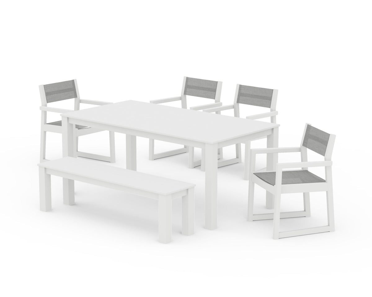 POLYWOOD EDGE Sling Arm Chair 6-Piece Parsons Dining Set with Bench in White / Metallic