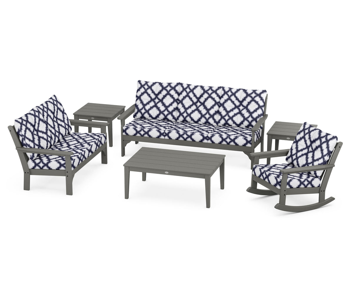 POLYWOOD Vineyard 6-Piece Deep Seating Set with Rocking Chair in Slate Grey / Trellis Navy