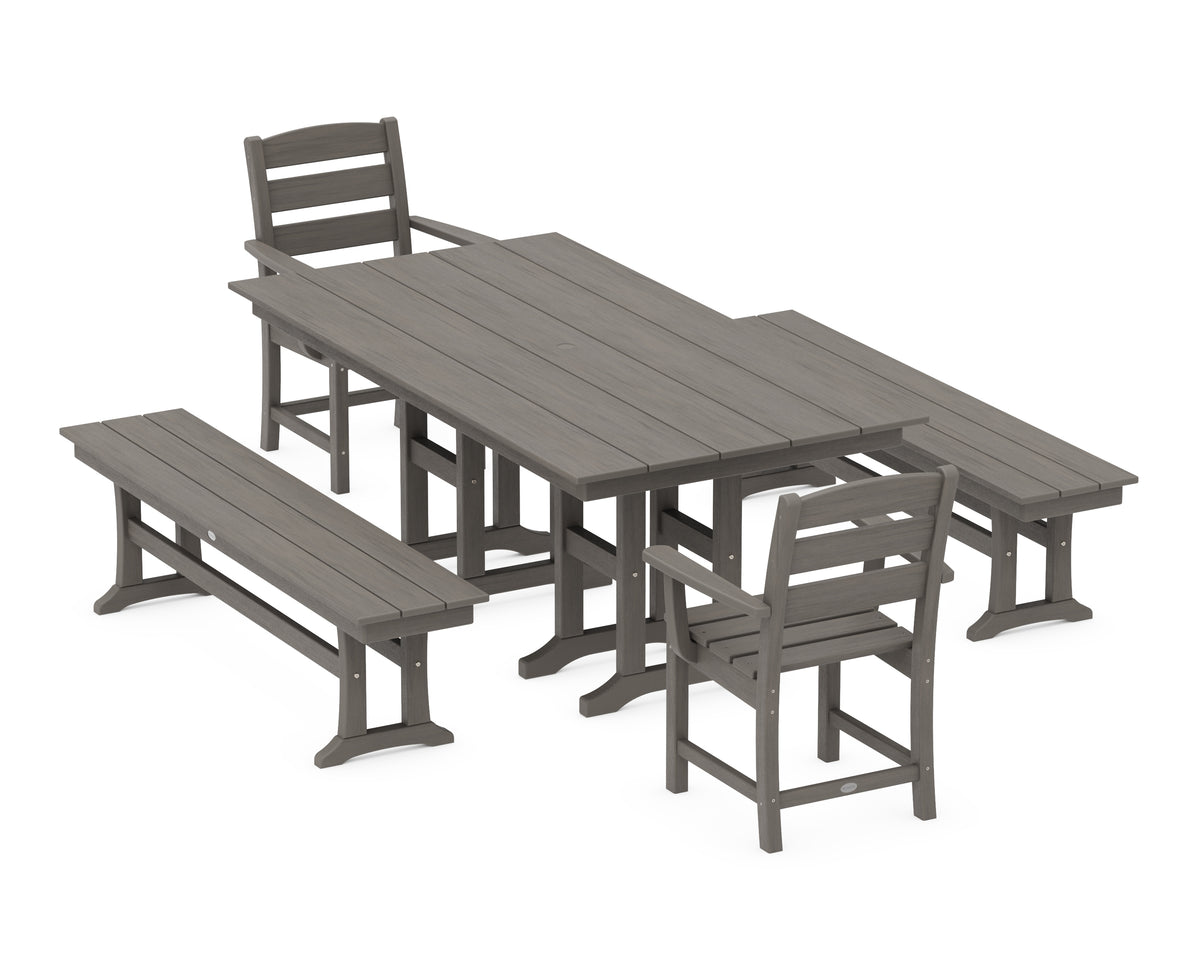 POLYWOOD Lakeside 5-Piece Farmhouse Dining Set with Benches in Driftwood
