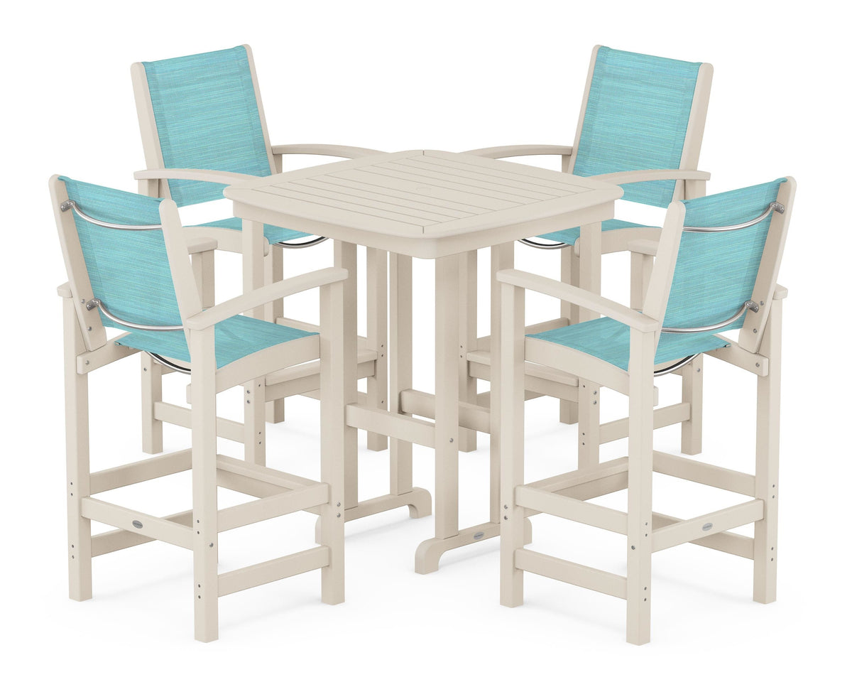 POLYWOOD Coastal 5-Piece Bar Set in Sand / Dupioni Aquamarine