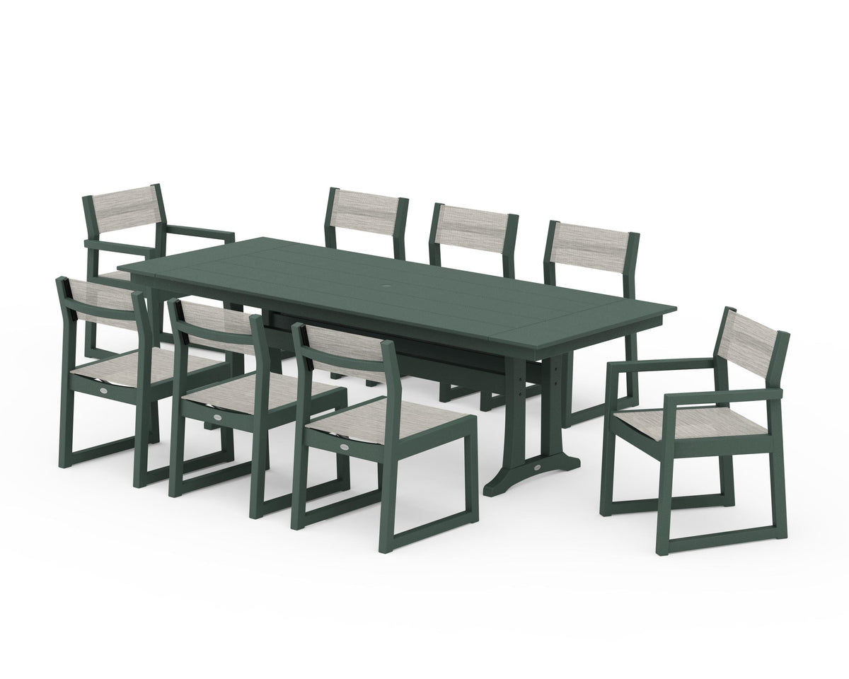 POLYWOOD EDGE Sling 9-Piece Farmhouse Trestle Dining Set in Green / Birch
