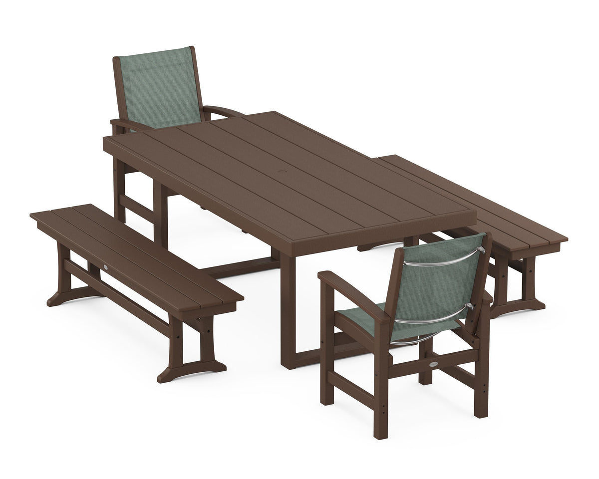 POLYWOOD Coastal 5-Piece Dining Set with Trestle Legs with EDGE 40" x 78" Dining Table in Mahogany / Dupioni Sea Mist
