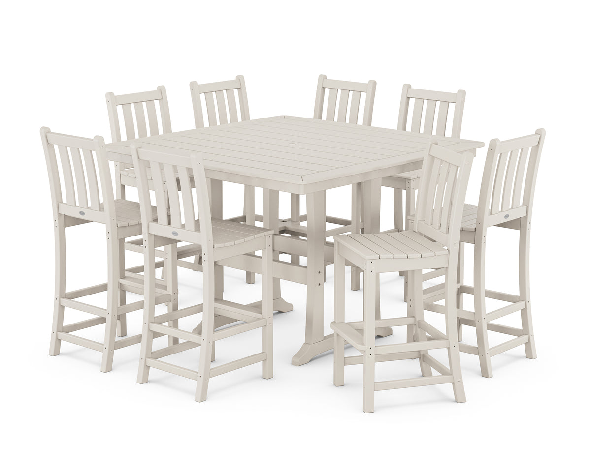 POLYWOOD Traditional Garden 9-Piece Nautical Trestle Bar Set in Sand