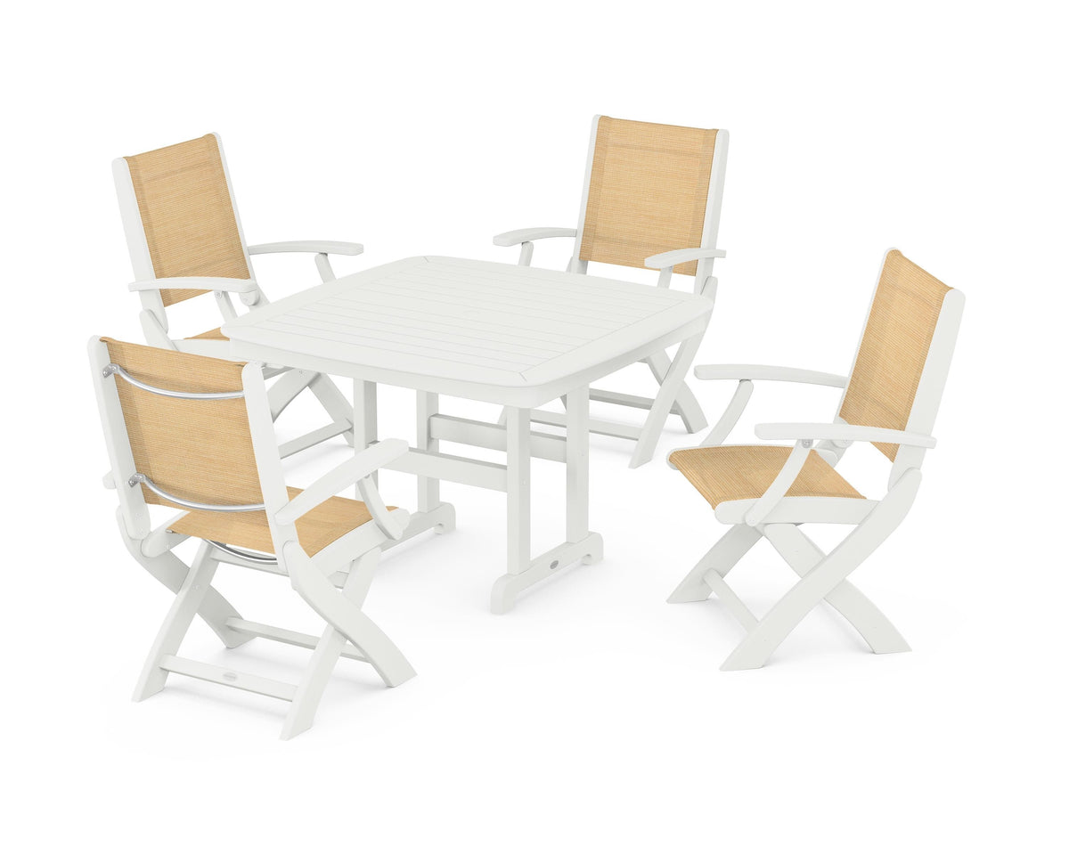 POLYWOOD Coastal Folding Chair 5-Piece Dining Set with Nautical 44" Dining Table in Vintage White / Dupioni Apricot