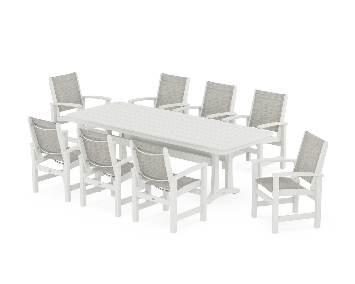POLYWOOD Coastal 9-Piece Dining Set with Trestle Legs in Vintage White / Birch