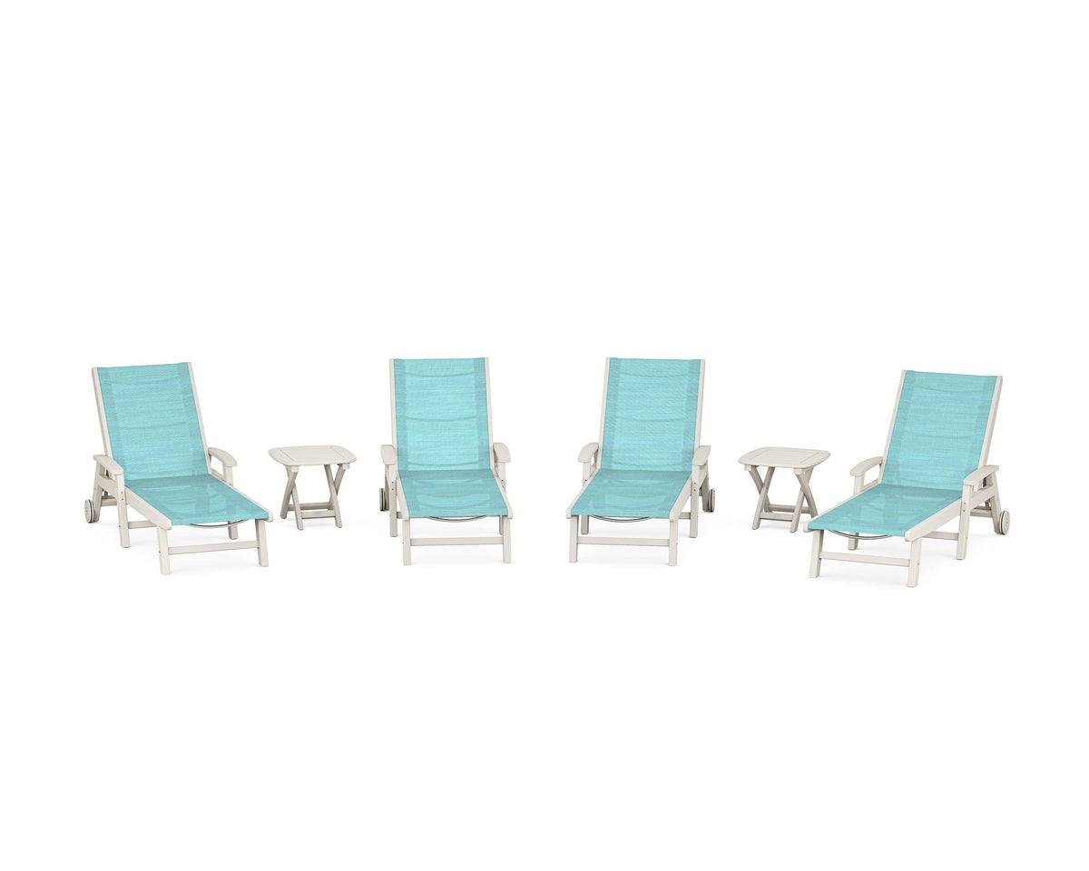 POLYWOOD Coastal Chaise 6-Piece Set with Wheels in Sand / Dupioni Aquamarine