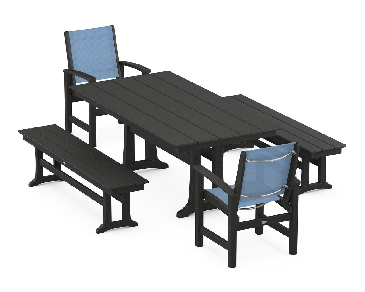 POLYWOOD Coastal 5-Piece Farmhouse Dining Set with Trestle Legs and Benches in Black / Poolside