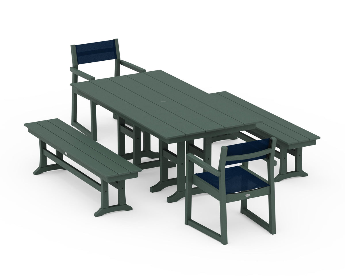POLYWOOD EDGE Sling Arm Chair 5-Piece Farmhouse Dining Set with Benches in Green / Navy Blue
