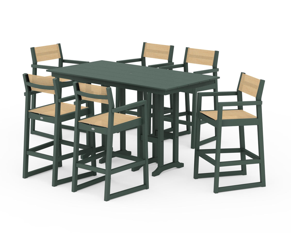 POLYWOOD EDGE Sling Arm Chair 7-Piece Farmhouse Bar Set in Green / Dupioni Apricot