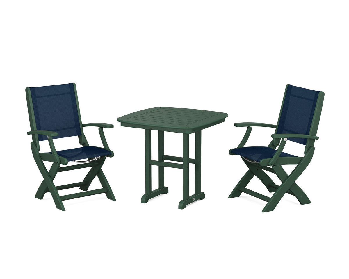 POLYWOOD Coastal Folding Chair 3-Piece Dining Set in Green / Navy Blue
