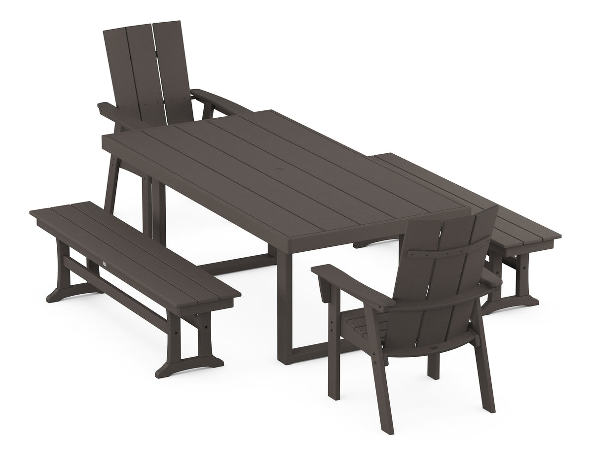 POLYWOOD Modern Curveback Adirondack 5-Piece Dining Set with Benches - 39" x 78" Table in Vintage Coffee
