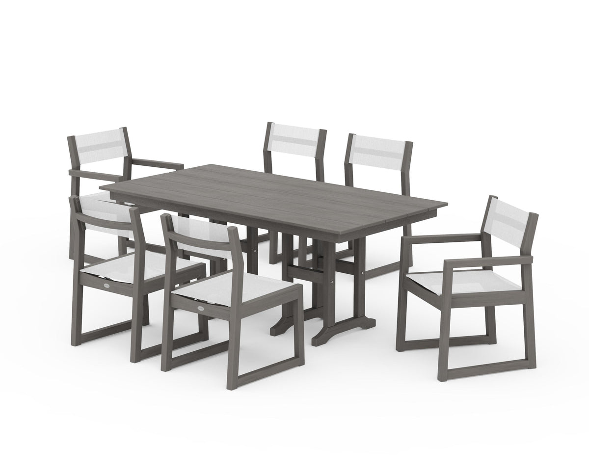 POLYWOOD EDGE Sling 7-Piece Farmhouse Dining Set in Driftwood / White