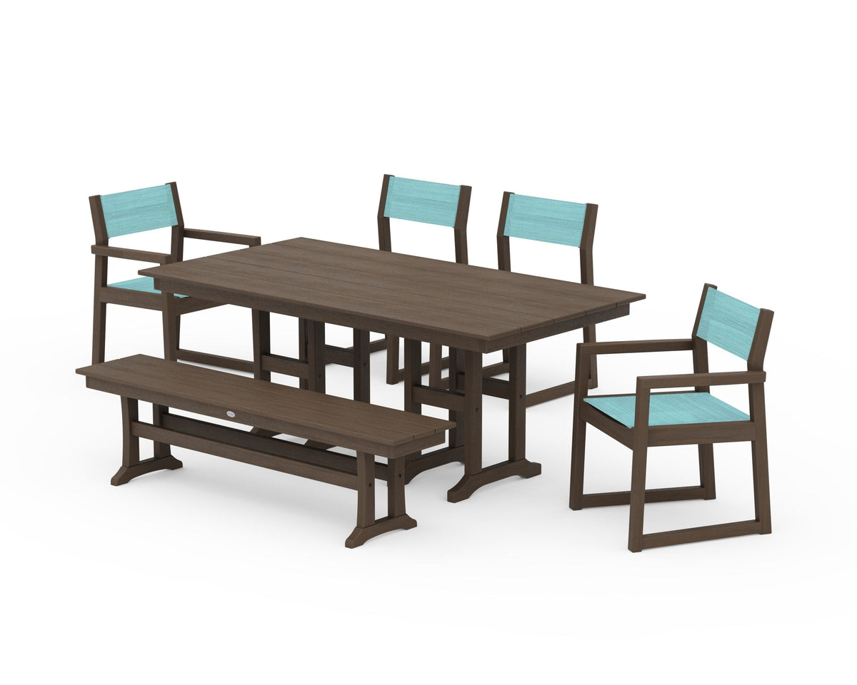 POLYWOOD EDGE Sling 6-Piece Farmhouse Dining Set in Kona / Dupioni Aquamarine