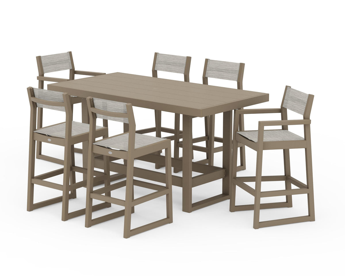 POLYWOOD EDGE Sling 7-Piece Bar Table Set in Vintage Sahara / Birch