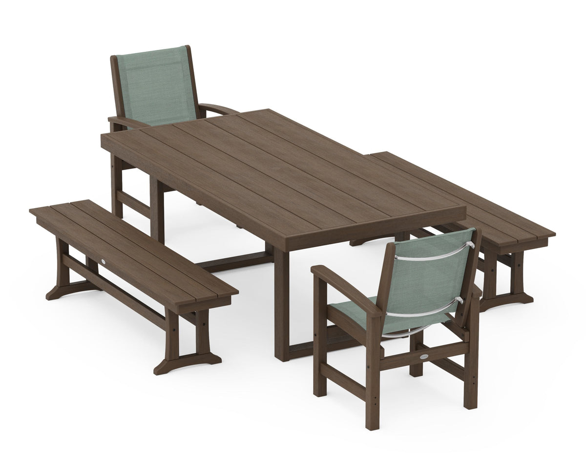 POLYWOOD Coastal 5-Piece Dining Set with Trestle Legs with EDGE 40" x 78" Dining Table in Kona / Dupioni Sea Mist