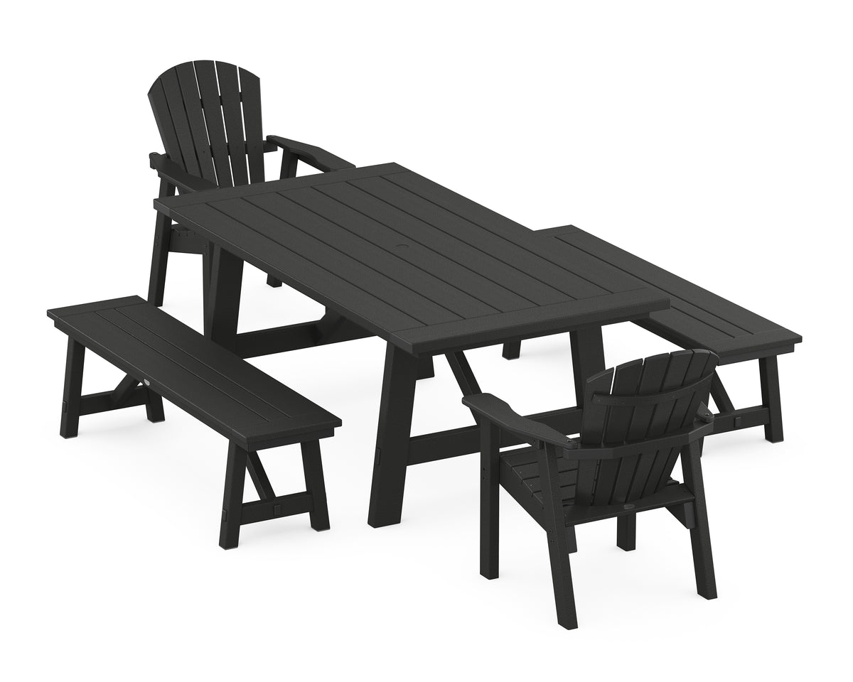 POLYWOOD Seashell 5-Piece Rustic Farmhouse Dining Set with Benches in Black