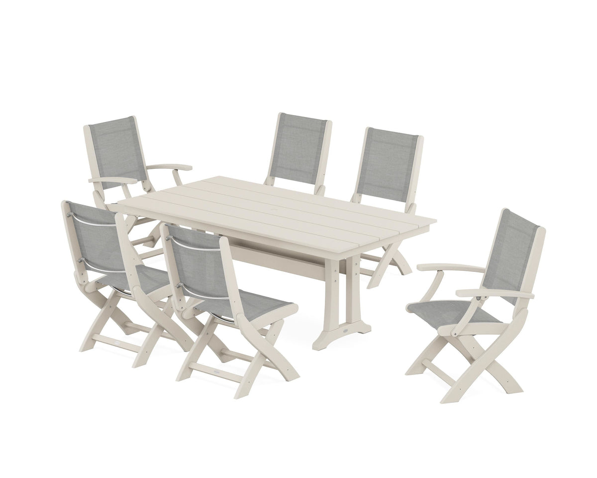 POLYWOOD Coastal Folding Chair 7-Piece Farmhouse Dining Set with Trestle Legs in Sand / Metallic