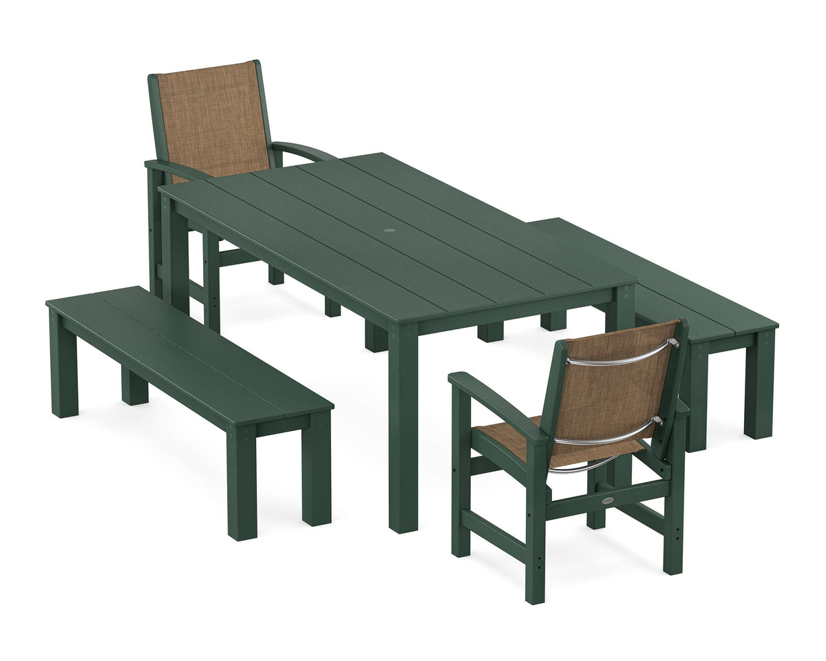 POLYWOOD Coastal 5-Piece Parsons Dining Set with Benches in Green / Burlap