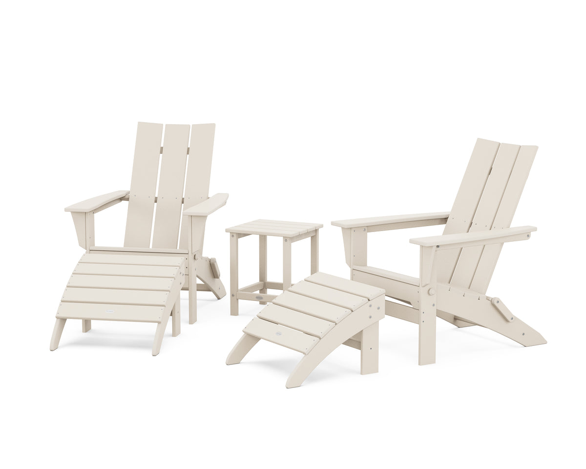 POLYWOOD Modern Folding Adirondack Chair 5-Piece Set with Ottomans and 18" Side Table in Sand