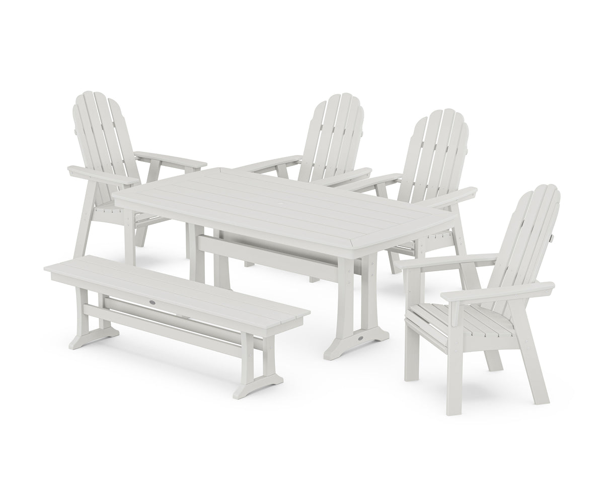 POLYWOOD Vineyard Curveback Adirondack Chair 6-Piece Dining Set with Trestle Legs and Bench in Vintage White