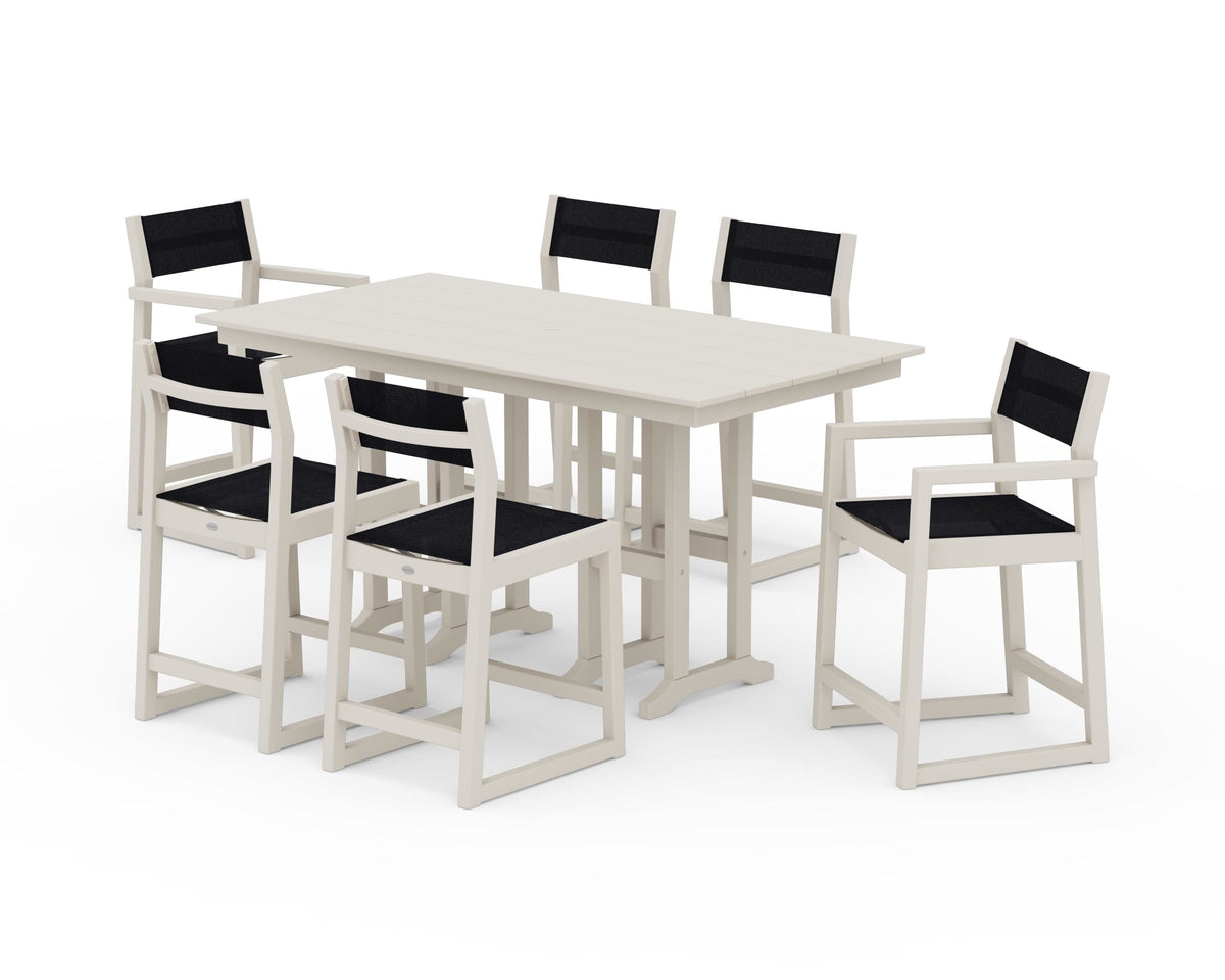 POLYWOOD EDGE Sling 7-Piece Farmhouse Counter Set with Trestle Legs in Sand / Black