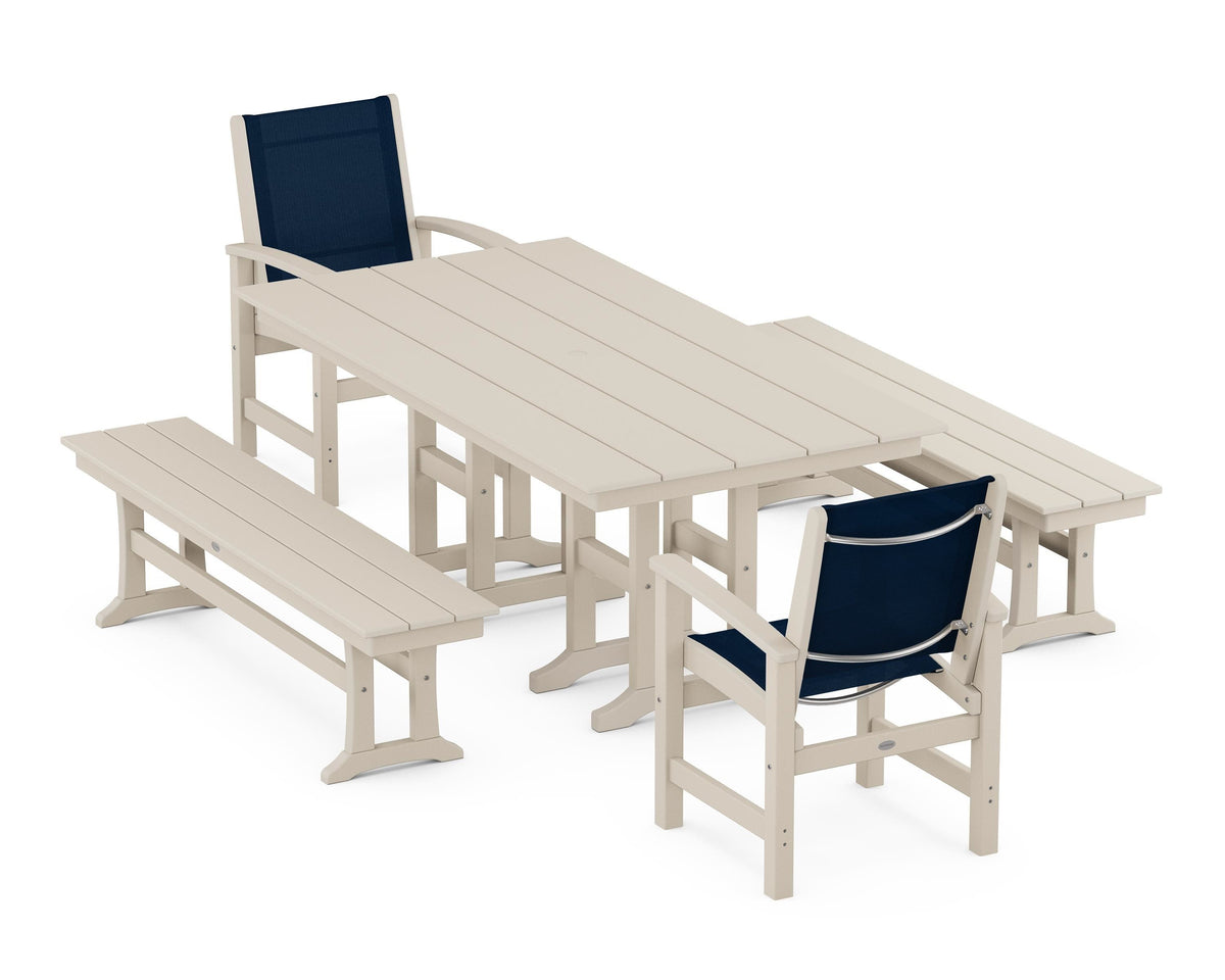 POLYWOOD Coastal 5-Piece Farmhouse Dining Set with Farmhouse 37" x 72" Dining Table in Sand / Navy Blue