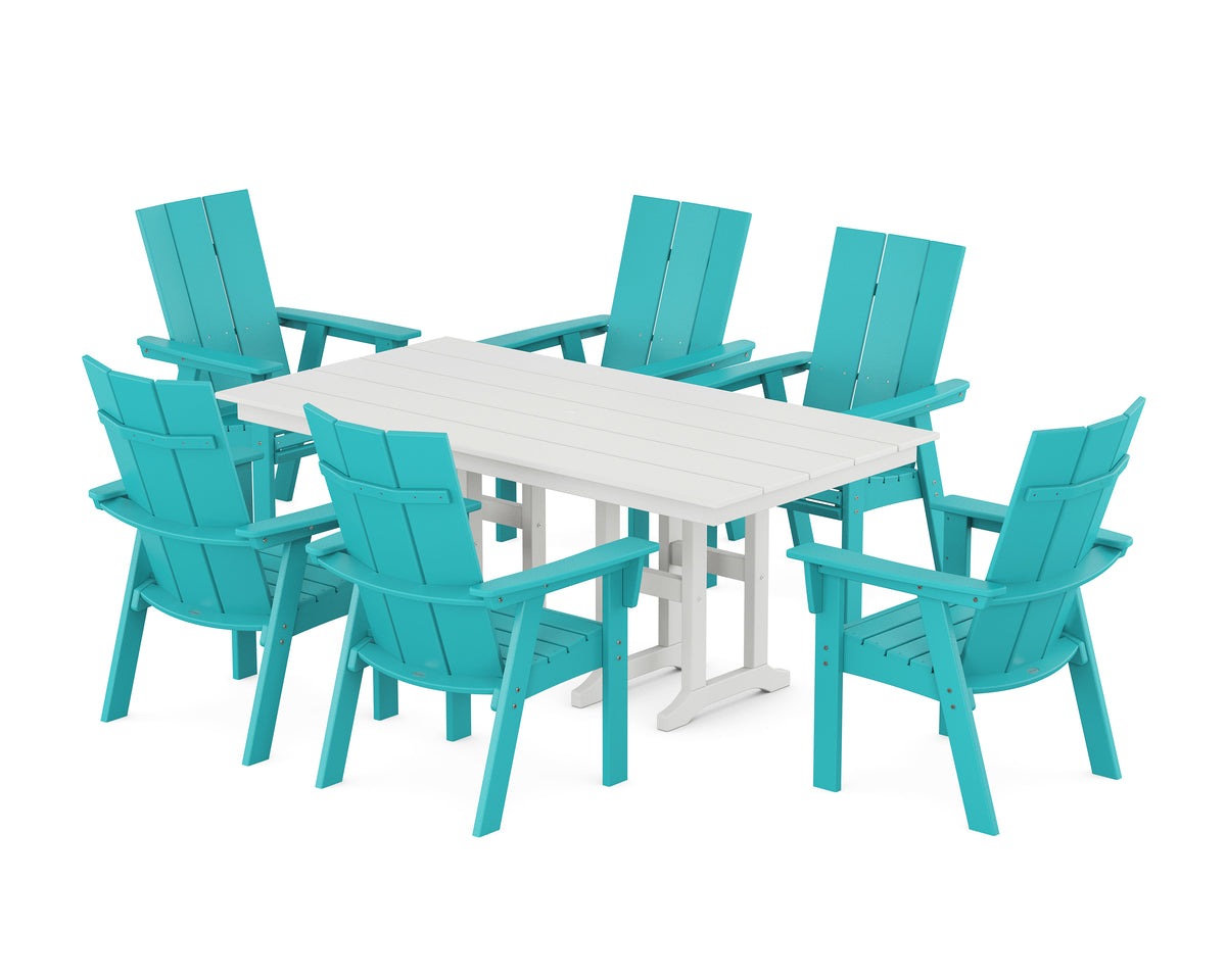 POLYWOOD Modern Curveback Adirondack 7-Piece Farmhouse Dining Set in Aruba / White