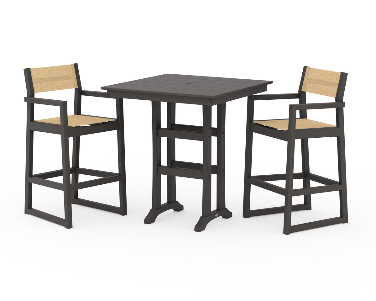 POLYWOOD EDGE Sling Arm Chair 3-Piece Farmhouse Bar Set with Trestle Legs in Vintage Coffee / Dupioni Apricot