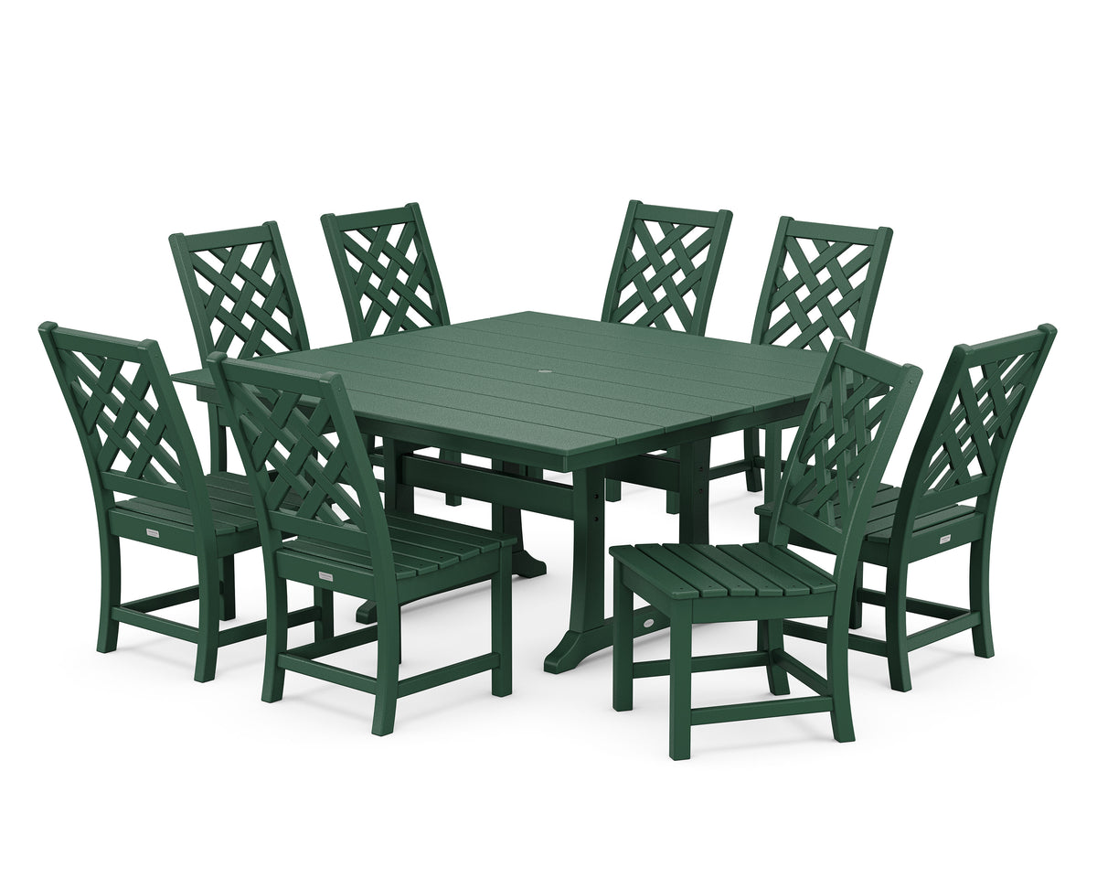 POLYWOOD Wovendale Side Chair 9-Piece Square Farmhouse Dining Set with Trestle Legs in Green