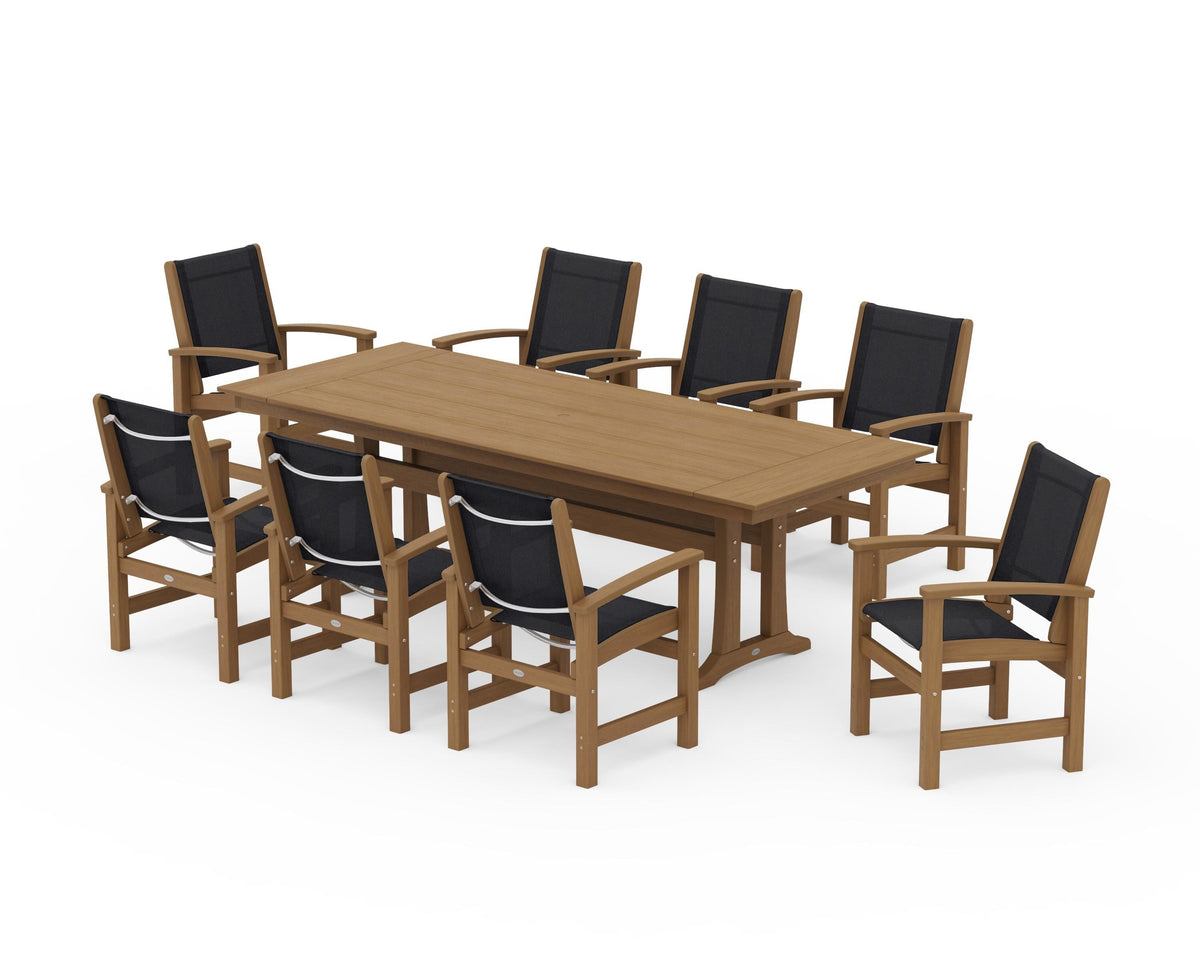POLYWOOD Coastal 9-Piece Farmhouse Dining Set with Trestle Legs in Natural / Black