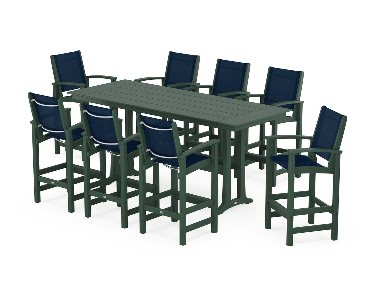 POLYWOOD Coastal 9-Piece Farmhouse Bar Set with Trestle Legs in Green / Navy Blue
