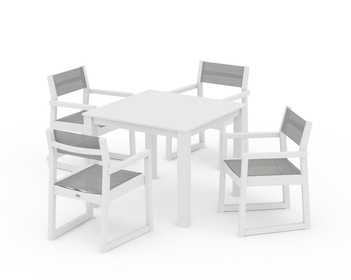 POLYWOOD EDGE Sling Arm Chair 5-Piece Parsons Dining Set in White / Metallic