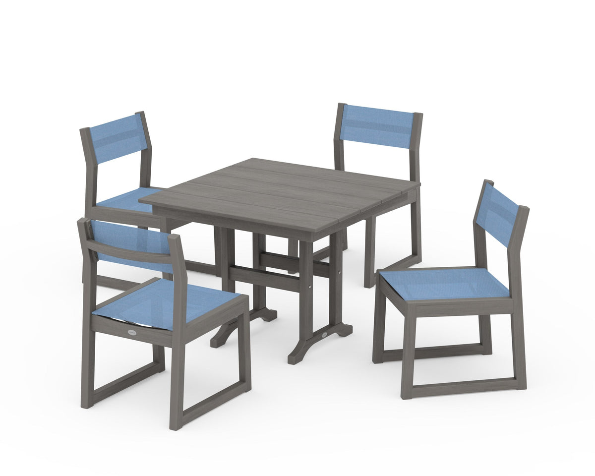 POLYWOOD EDGE Sling Side Chair 5-Piece Farmhouse Dining Set in Driftwood / Poolside
