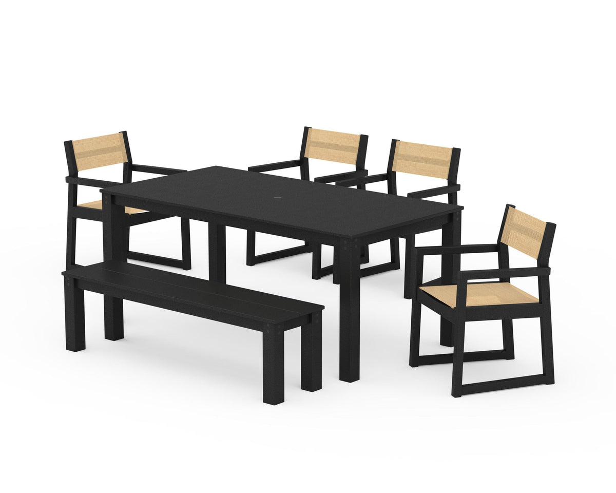 POLYWOOD EDGE Sling Arm Chair 6-Piece Parsons Dining Set with Bench in Black / Dupioni Apricot